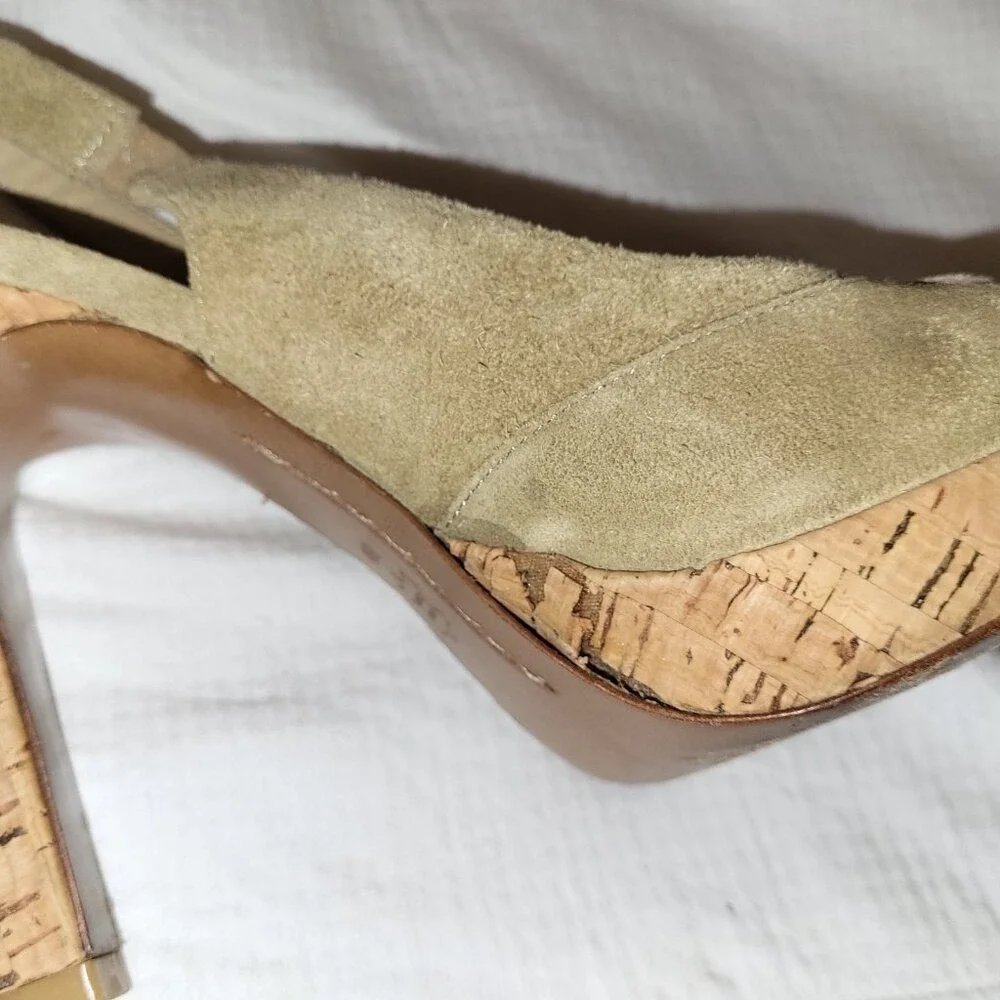 MICHAEL KORS VTG Beige Tan Suede Cork Platform Round Toe Slingback Heels - 8M